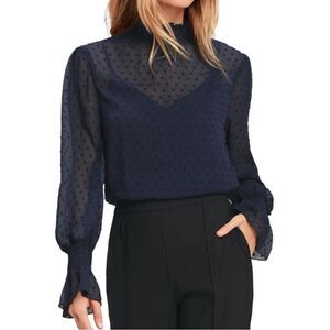 NWT Women’s Lulu’s Darlene Swiss Dot Navy Blue Long Sleeve Sheer Blouse Sz M